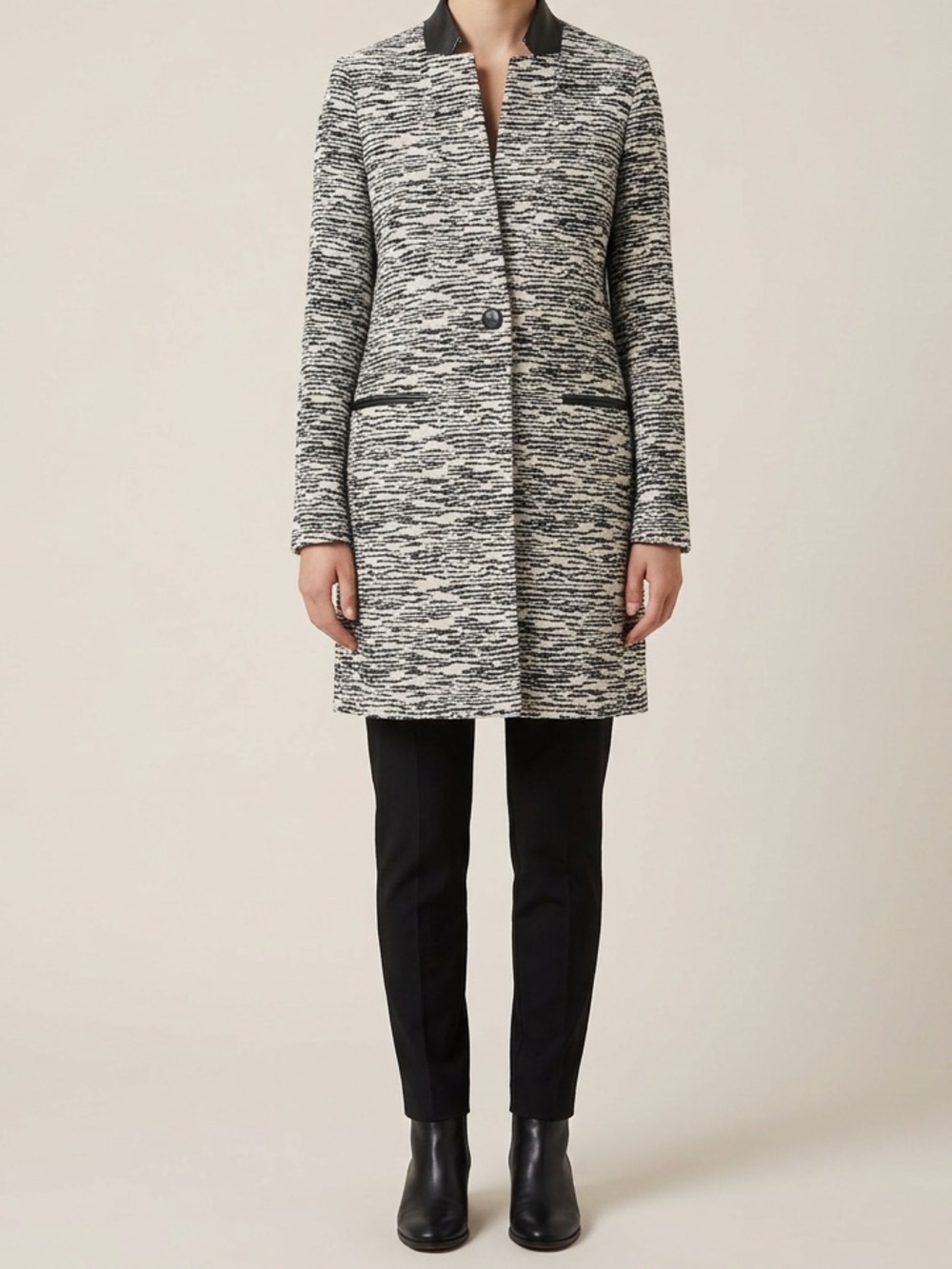 Black White Textured Pea Coat Contrast Collar Double Breasted | Sz M